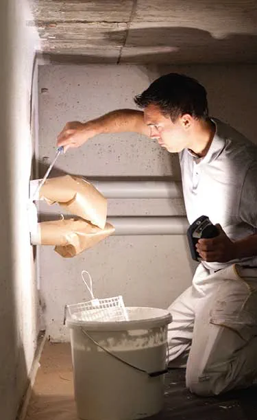 Amatininkas apšviečia siaurą tamsią patalpą, vienoje rankoje laikydamas "Festool" darbinį šviestuvą, o kitoje - įrankį.