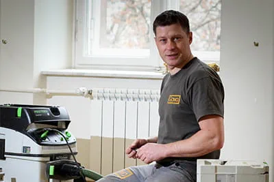 Festool Systainer įrankių dėžių sistema parketo meistro Jareko Gawinos darbo vietoje